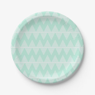 Mint Green White Geometric Chevron Pattern Paper Plate