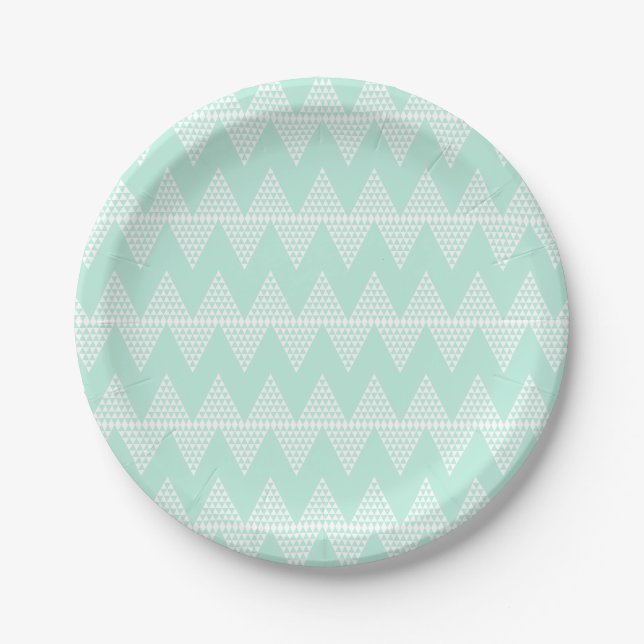 Mint Green White Geometric Chevron Pattern Paper Plate (Front)