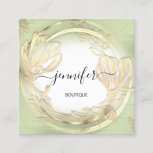 Mint Green White Gold Floral QRCode Logo  Square  Business Card