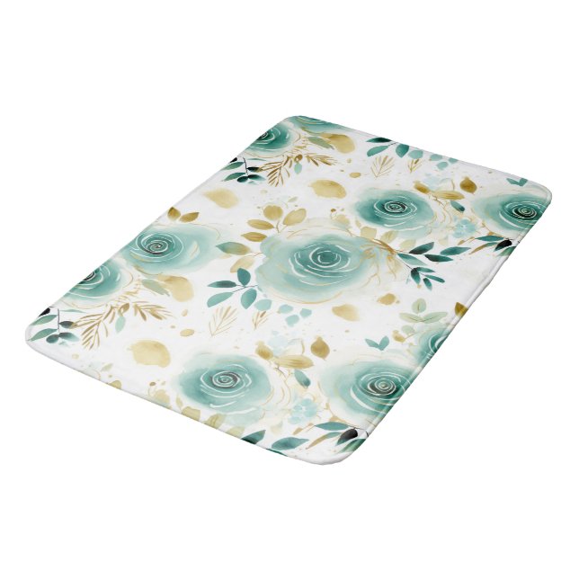 Mint Green White Gold Rose Floral Bath Mat (Angled)