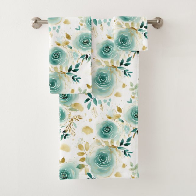 Mint Green White Gold Rose Floral Bath Towel Set (Insitu)