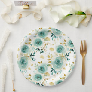 Mint Green White Gold Rose Floral Paper Plate