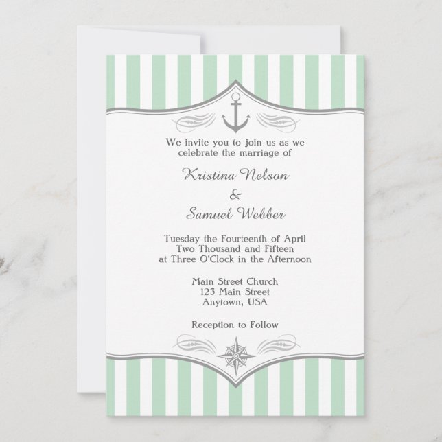 Mint Green White Grey Nautical Wedding Invitation (Front)