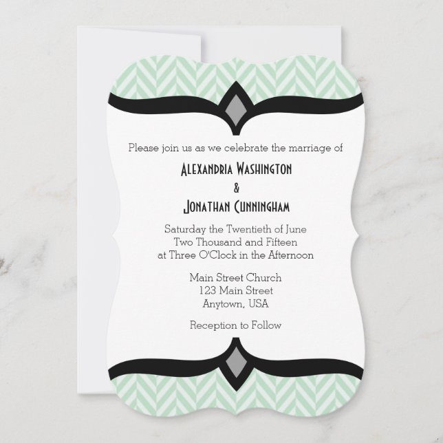 Mint Green White Herringbone Wedding Invitation (Front)
