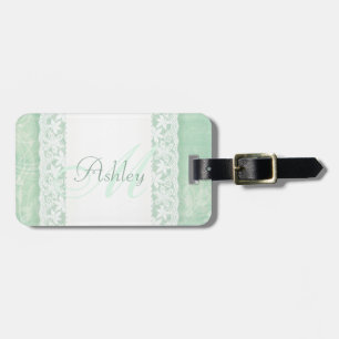 Mint green & white lace named luggage tag