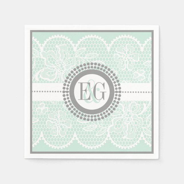 Mint green, white lace pattern wedding napkin (Front)