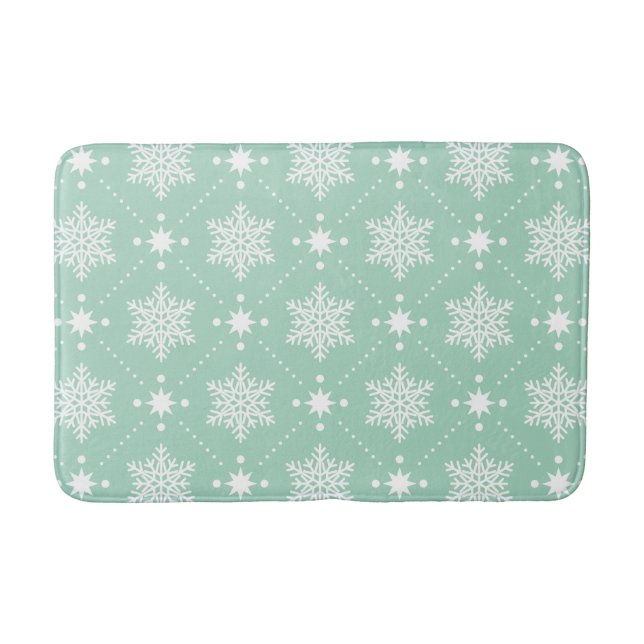 Mint Green White Snowflakes Christmas Pattern Bath Mat (Front)
