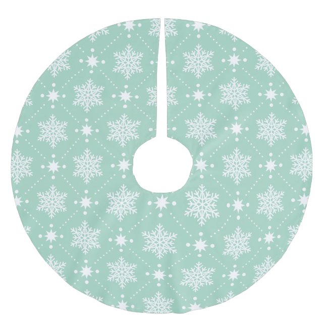 Mint Green White Snowflakes Christmas Pattern Brushed Polyester Tree Skirt (Front)