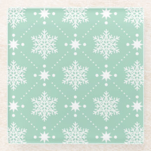 Mint Green White Snowflakes Christmas Pattern Glass Coaster
