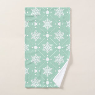 Mint Green White Snowflakes Christmas Pattern Hand Towel