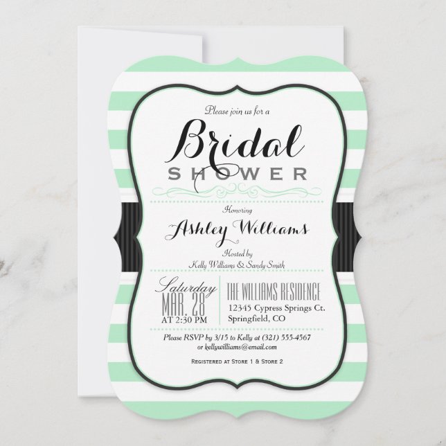 Mint Green & White Stripes; Elegant Bridal Shower Invitation (Front)