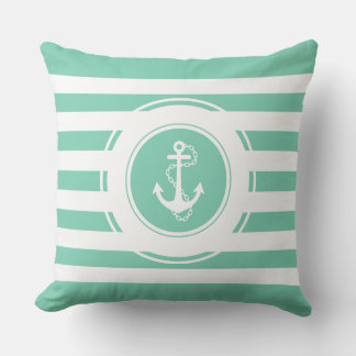 Mint-Green & White Stripes Nautical Anchor Cushion