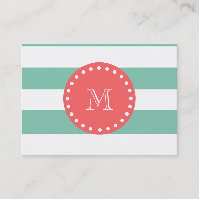 Mint Green White Stripes Pattern, Coral Monogram Business Card (Front)