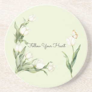 Mint Green White Tulips Butterfly   Coaster
