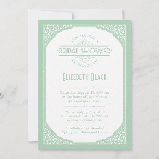 Mint Green White Vintage Frame Bridal Shower Invitation (Front)