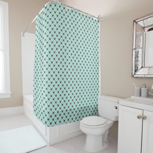 MINT GREEN WITH BROWN HEART DIAMOND PATTERNS SHOWER CURTAIN (In Situ)