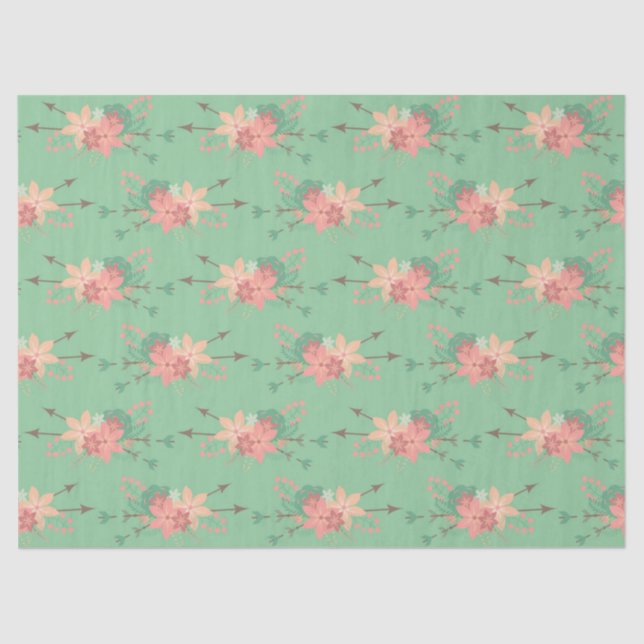 Mint Green with Coral Flowers and Arrows Decoupage Tissue Paper (Front)