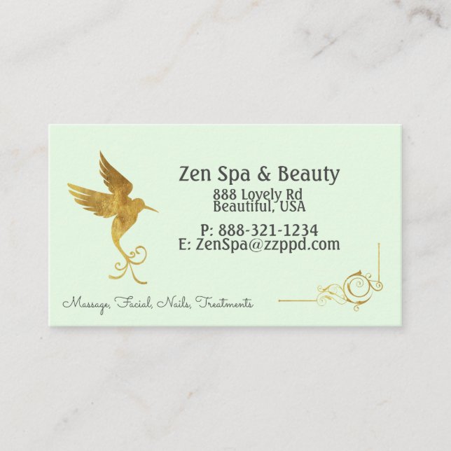 Mint Green With Gold Leaf Hummingbird Business Card (Front)