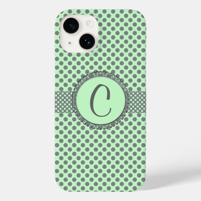 Mint Green with Grey Polka Dots-Monogram STaylor Case-Mate iPhone Case (Back)