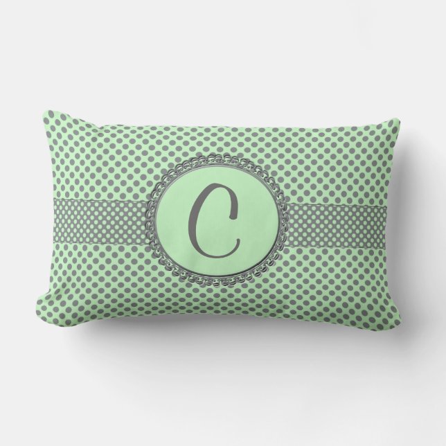 Mint Green with Grey Polka Dots-Monogram STaylor Lumbar Cushion (Front)