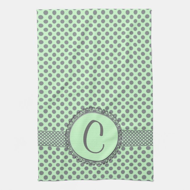 Mint Green with Grey Polka Dots-Monogram STaylor Tea Towel (Vertical)