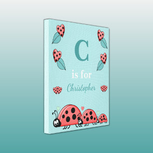 Mint green with hearts ladybirds and name canvas print