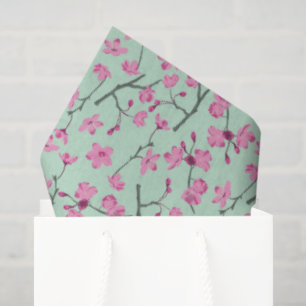 Mint Green with Pink Cherry Blossoms Patterned Tissue Paper