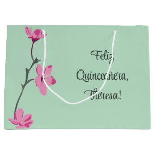 Mint Green with Pink Cherry Blossoms Personalised Large Gift Bag
