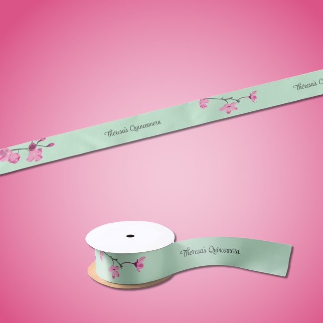 Mint Green with Pink Cherry Blossoms Personalised Satin Ribbon (Creator Uploaded)