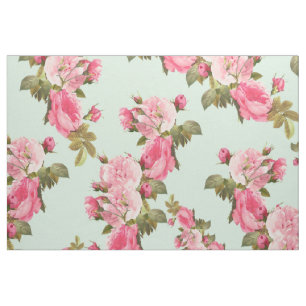 Mint Green with Pink Flowers Fabric