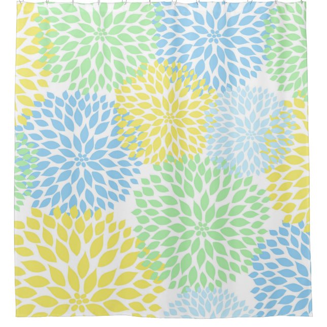 Mint Green Yellow Blue Floral Dahlias blossoms Shower Curtain (Front)