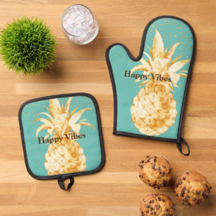 Mint Green Yellow Gold Pineapple Oven Mitt & Pot Holder Set