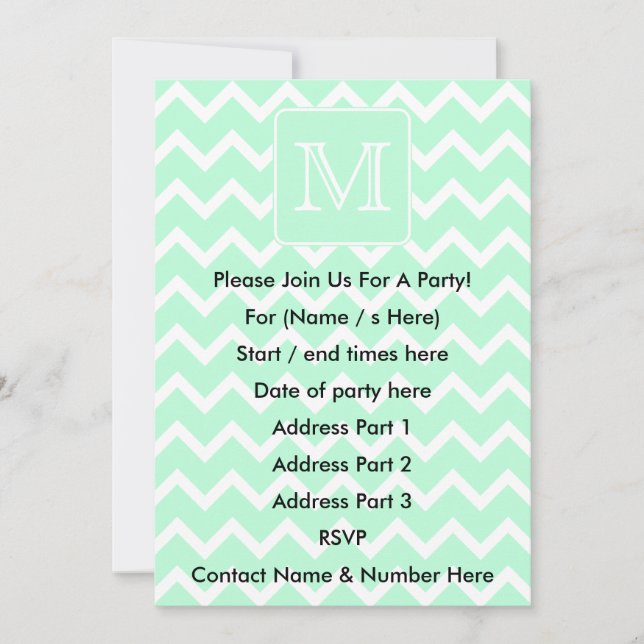 Mint Green Zigzag with Custom Monogram. Invitation (Front)
