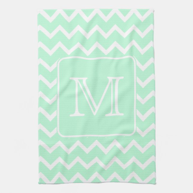 Mint Green Zigzag with Custom Monogram. Tea Towel (Vertical)