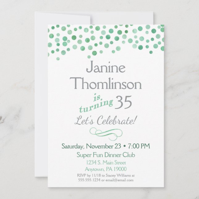 Mint Grey Birthday Invitation Confetti Watercolor (Front)