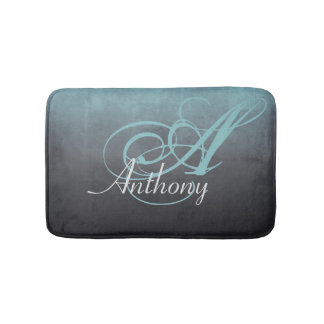 Mint Grey Black Rustic Abstract Name Monogram Bath Mat