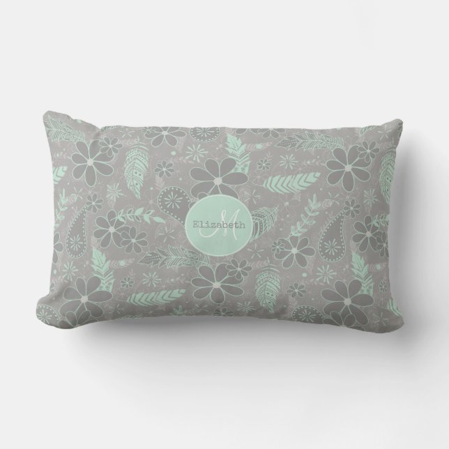 mint grey boho floral feathers pattern outdoor lumbar cushion (Front)