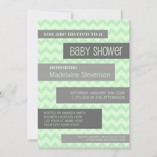 Mint Grey Chevron Custom Baby Shower Invitations (Back)