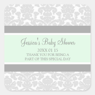 Mint Grey Damask Baby Shower Favour Stickers