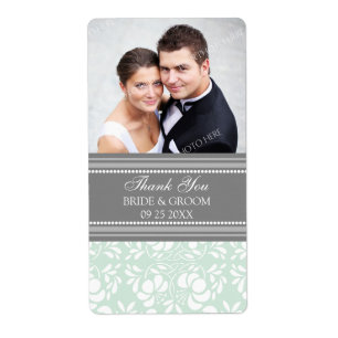 Mint Grey Damask Photo Wedding Labels