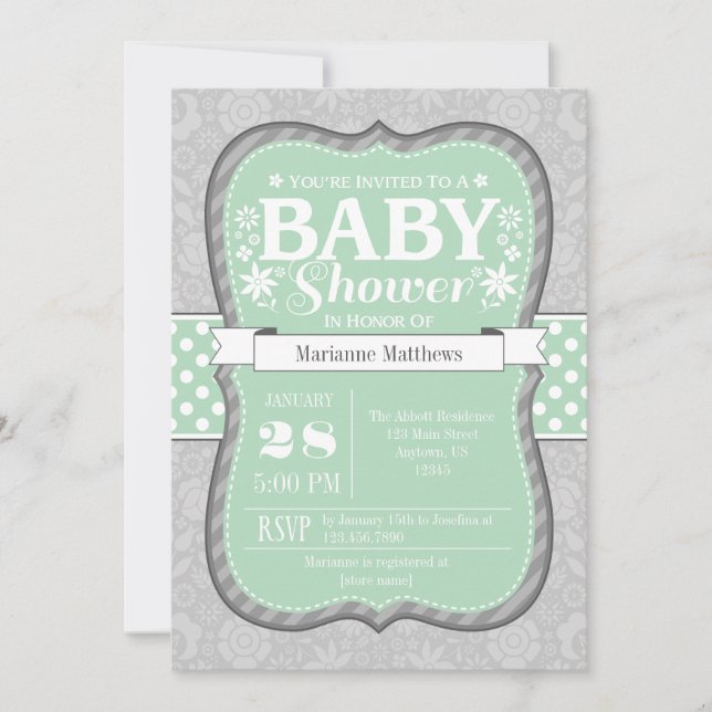 Mint Grey Floral Flower Baby Shower Invitation (Front)