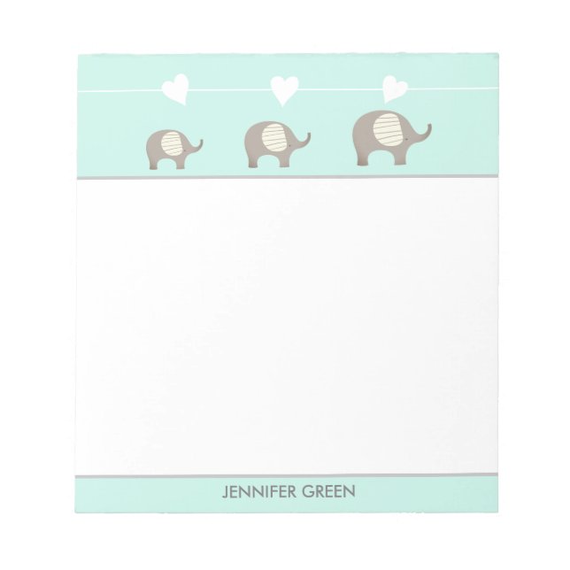 Mint Grey Heart Elephant Personalised Notepad (Front)