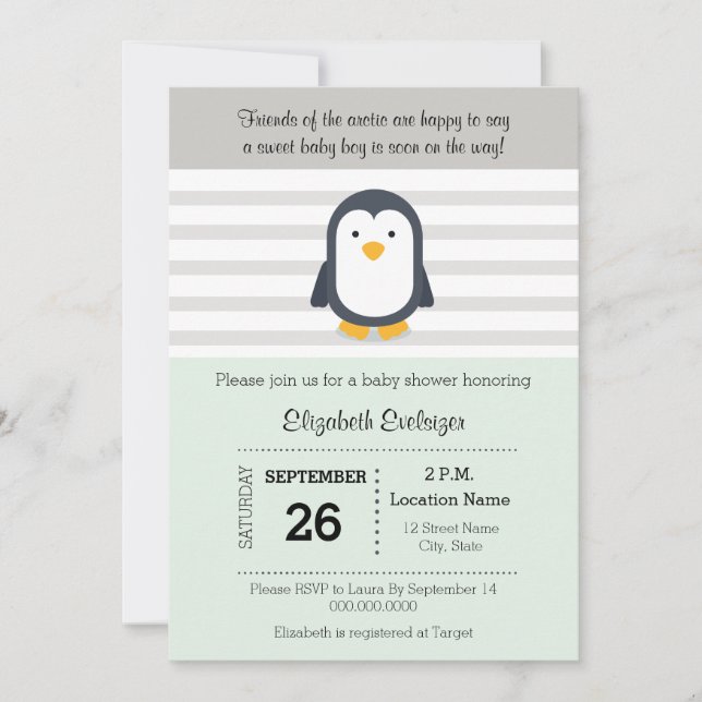 Mint Grey Penguin Baby Shower Invitation (Front)