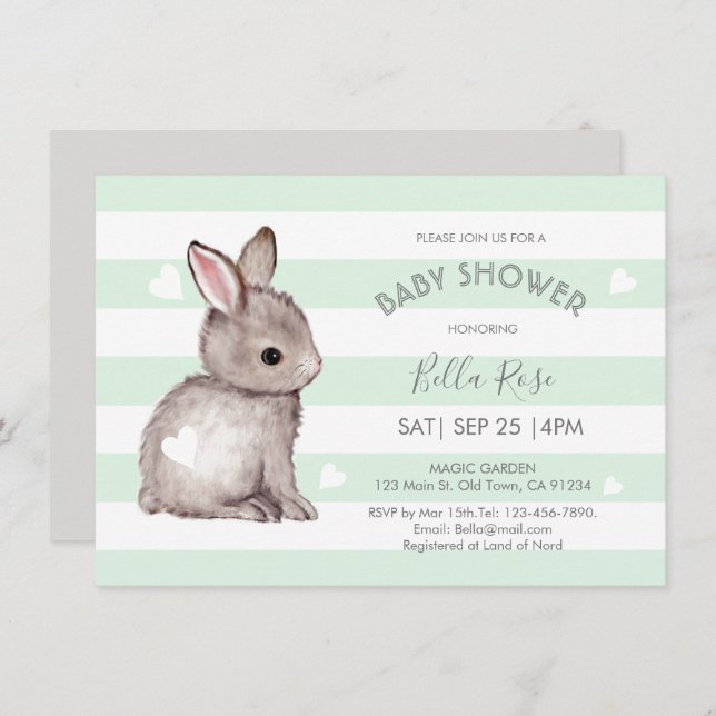 Mint Grey Stripes Bunny Heart Baby Shower Invite (Front/Back)