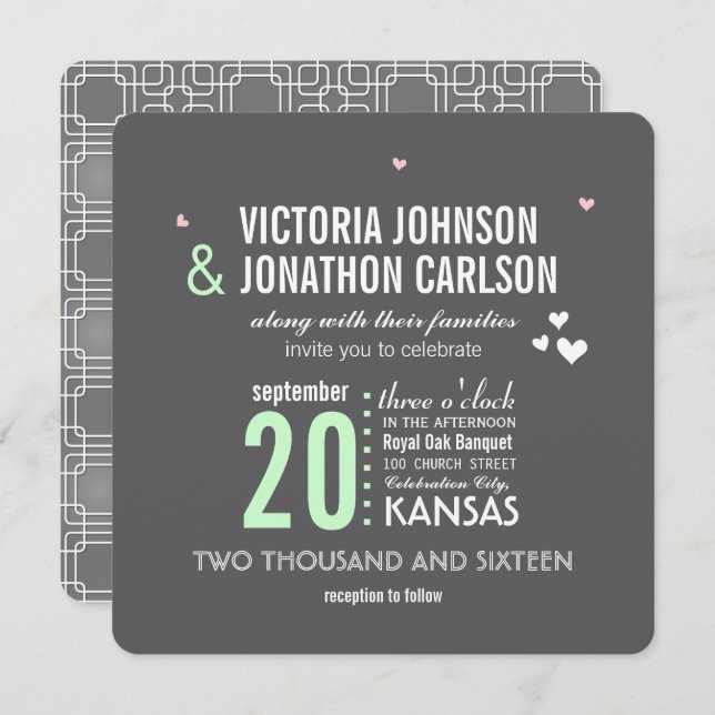 Mint Grey Trendy Geometric Typography Wedding Invitation (Front/Back)