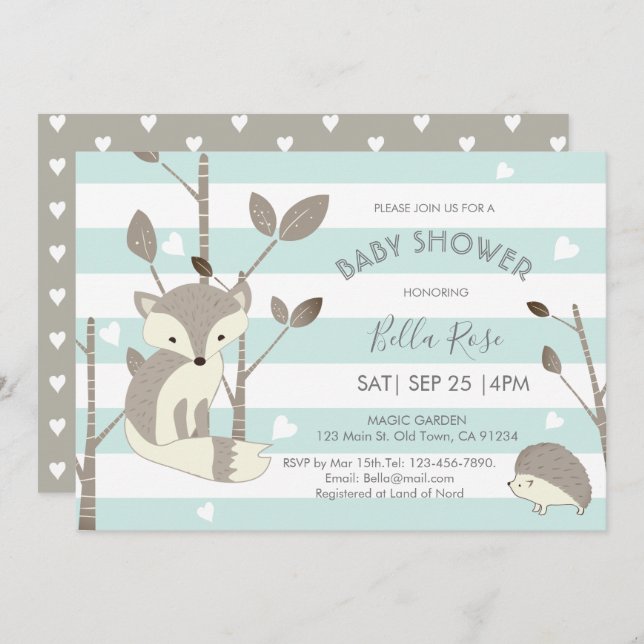 Mint Grey Woodland Fox Hedgehog Baby Shower Card (Front/Back)