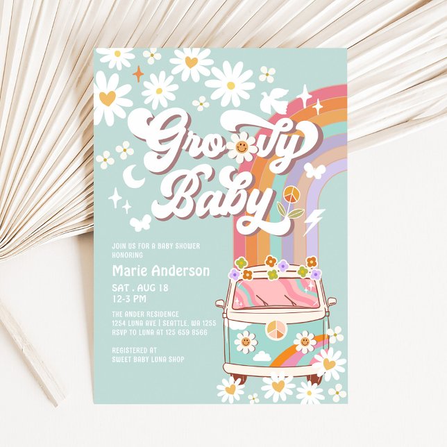 Mint Groovy Daisy Rainbow Hippie 70's Baby Shower Invitation (Creator Uploaded)