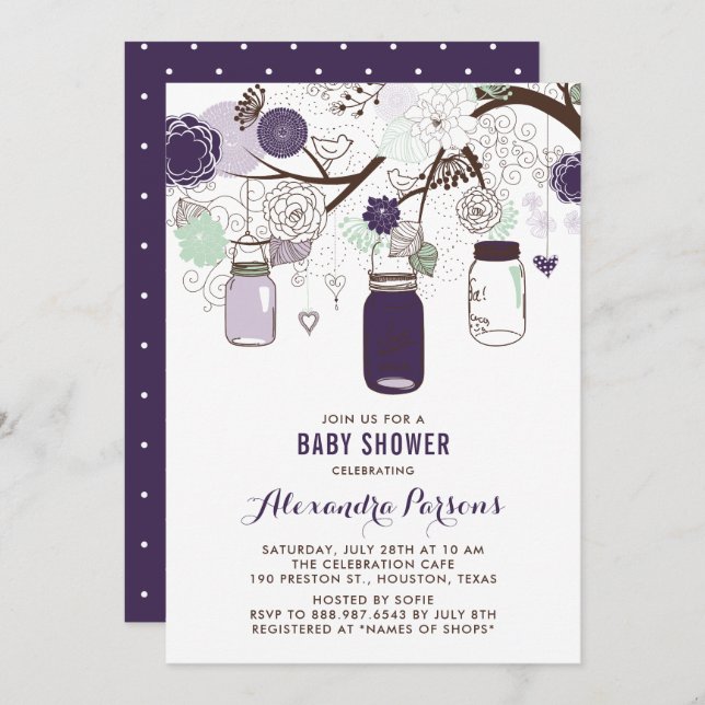 Mint Hanging Mason Jars Floral Baby Shower Invitation (Front/Back)