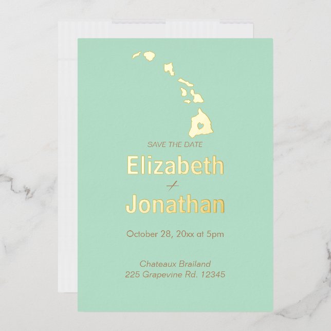Mint Hawaii State Map Script Save The Date Gold  (Envelope)