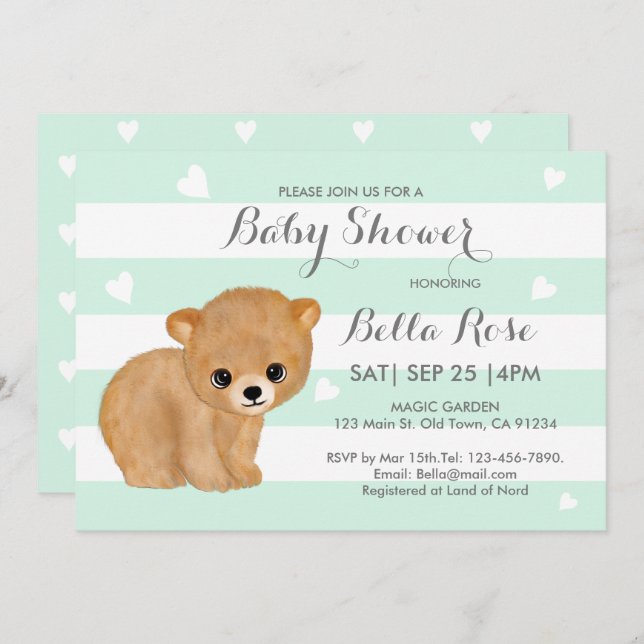 Mint Heart Bear Baby Shower Invitations (Front/Back)